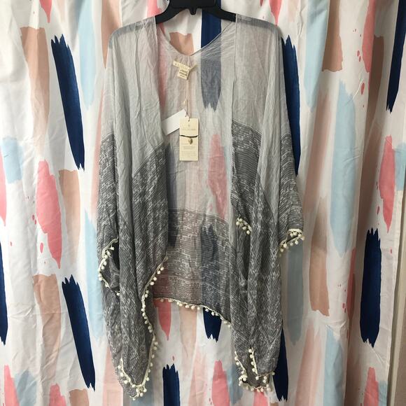 Quagga Green Label Gray and White Stripe Aztec Cover Up Kimono Wrap - Picture 1 of 13